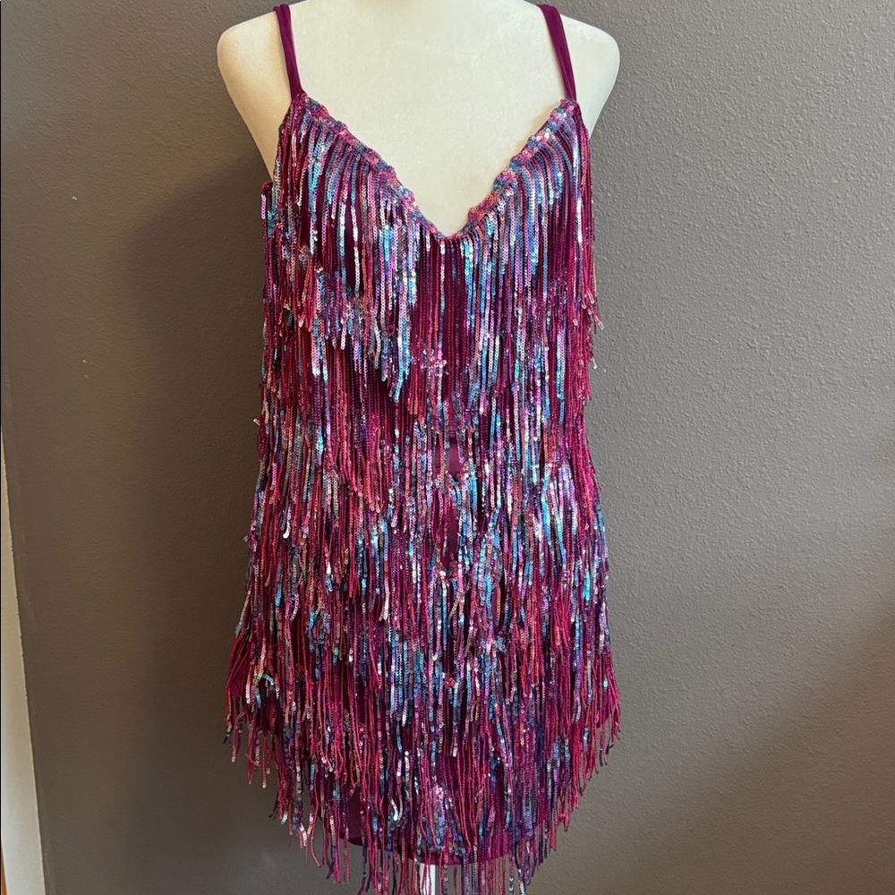 Luxxel Burgundy & Iridescent Fringe Mini Dress
